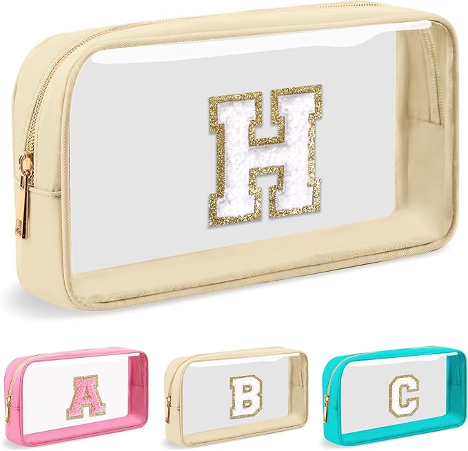 Personalized Initial Letter Clear Makeup Bag, Preppy Small Nylon & PVC Cosmetic Zipper Bag with Chenille Letter, Portable Beach Travel Skincare Toiletry Bag, Trendy Monogram Gift for Teen Girls Women, H