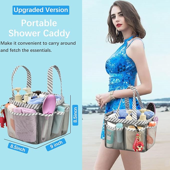 Haundry Mesh Shower Caddy Bag, Portable College Dorm Bathroom Tote, Quick Dry Holder for Camp Gym, 8 Basket Pockets with Key Hook and 2 Oxford Handles, Gray