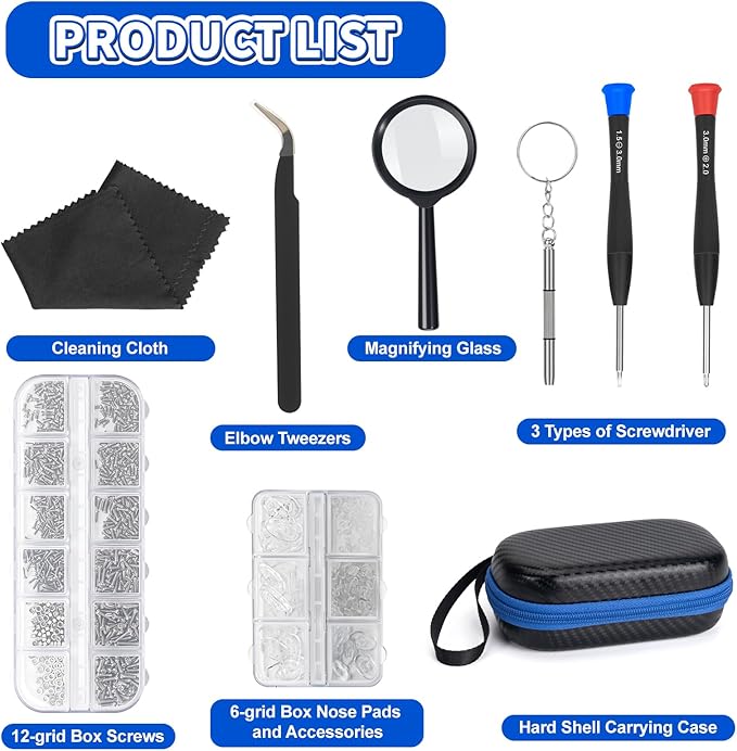 Eyeglass Repair Kit with Screws, Eye Glass Repairing Kit Include Nose Pads, Small Screwdriver, Magnifier, Tweezer for Eyeglass, Sunglass, Spectacles Watch, Eye Glass Repairing Kit with Travel Case