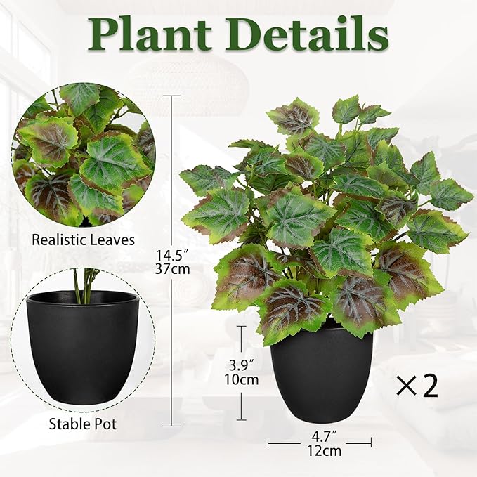 14.5" Artificial Plants Indoor Home Decor, Fake Potted Silk Plants for Shelves Living Room Decor, Small Artificial Office Desk Plants in Pots, Faux Grape Leaf Vine Hope Tropical House Plant Sets of 2