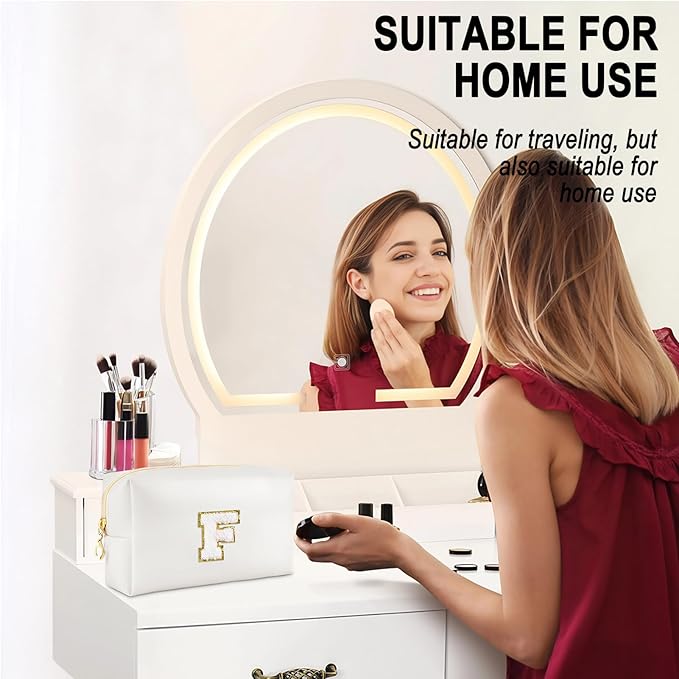 Gifts for Girls Initial Makeup Bag Personalized Cosmetic Bag with Zipper Cute Travel Toiletry Bags Waterproof PU Preppy Makeup Pouch Birthday Gift for Teen Girls Women(White F)