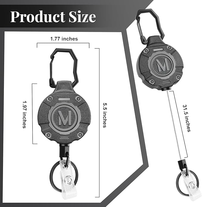 1 Pack Heavy Duty Retractable Keychain ID Badge Reels Retractable Carabiner Badge Holder with 31.5” Steel Cord, 9.0 oz