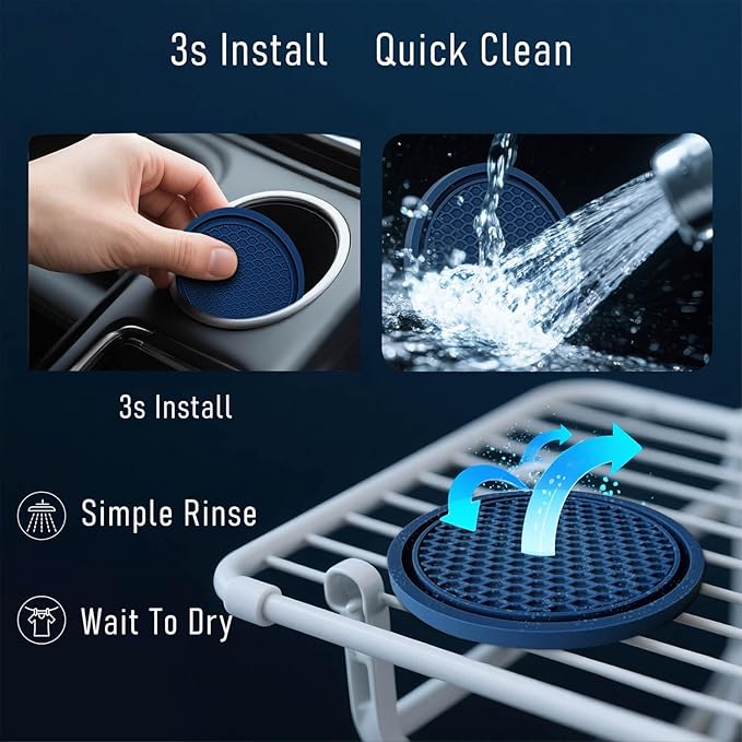 Car Cup Holder Coaster 4 Pack - Non Slip & Shockproof,Flexible PVC Rubber Insert for Car/Truck/SUV/Van (2.75"x0.2") Universal Fit Auto Cup Holders Accessories for Women and Man (Navy Blue)