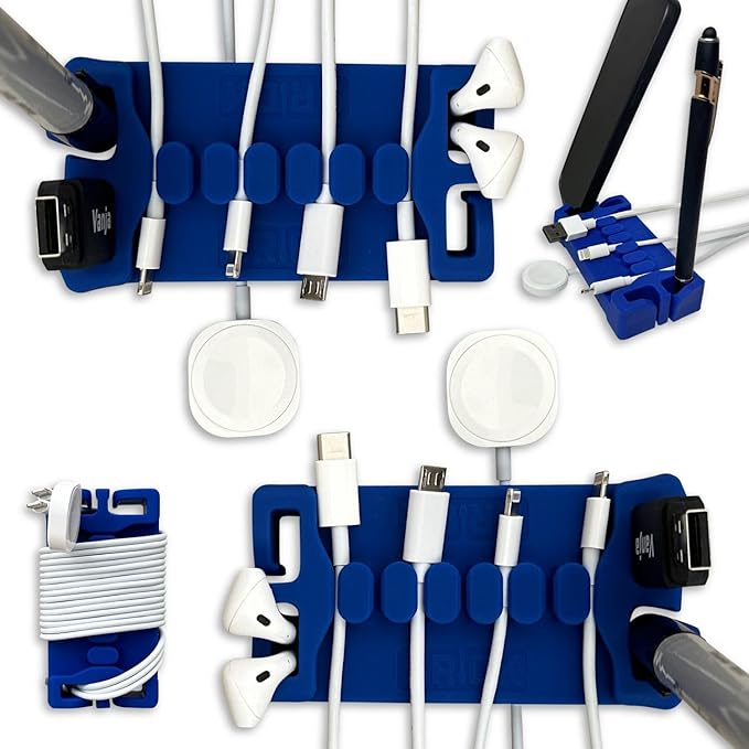 DeskBrick 2PK – Patented Non-Slip Steel-Weighted Desk Organizers & Cable Management Gadgets, Versatile Cord, Phone & Accessory Holders for Office, Home & Desktop – Best Gift for Men. Blue