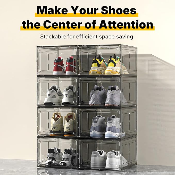 6 Pack Large Drop-Front Black Transparent Shoe Boxes, Stackable Sneaker Storage Container for Closet, Fits US Size 13+, Magnetic Front Door, Heavy-Duty Reinforced Plastic Shoe Organizer