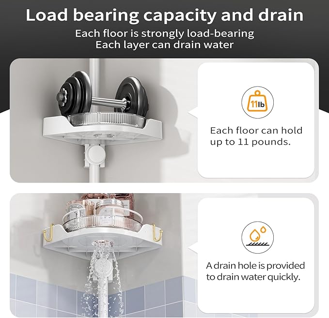 360° Rotating Shower Caddy Tension Pole, 4 Tiers Corner Shower Organizer for Bathroom Shelf Bathtub, Adjustable Standing Shower Rack Bathroom Accessories, Easily Assemble, 34-124 Inch Height, White