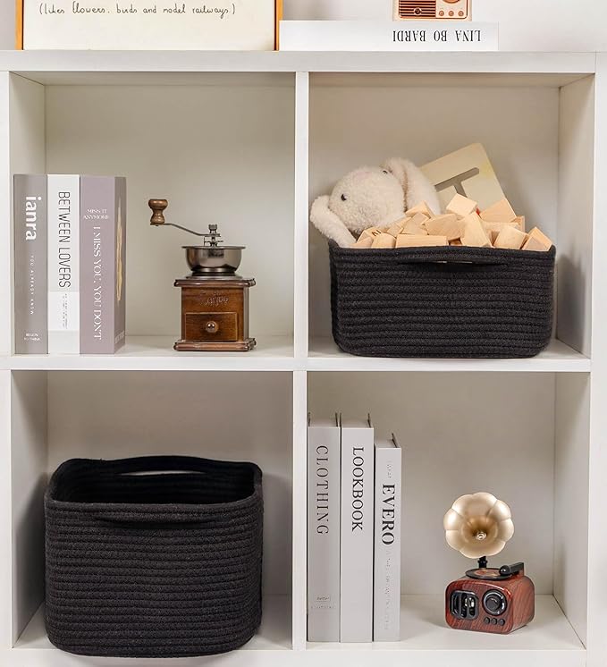 CubesLand Cube Storage Organizer Basket Bin, Rectangular Cotton Rope Basket, 14x10x7.08Inches, Black