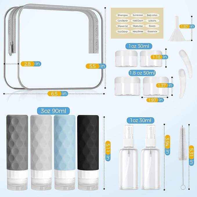 16pack Travel Bottles for Toiletries, TSA Approved Travel Size Containers Set, Leak Proof Refillable Liquid & Creams Toiletries Accessories Kit W/Toiletry Bag (Gray)