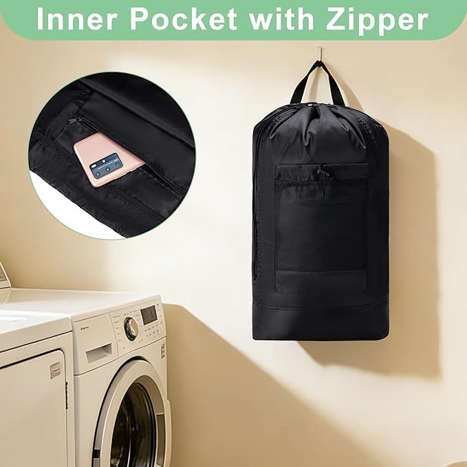 Backpack Laundry Bag, Large Travel Laundry Bags with Shoulder Straps and Mesh Pockets, Laundry Backpack with Drawstring Closure for College, Travel, Dorm, Apartment, Laundromat (Khaki)