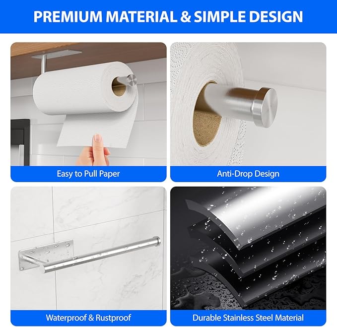 Paper Towel Holder Under Cabinet, Self-Adhesive,No Drilling, Stainless Steel, Wall-Mounted for Kitchen and Bathroom, Easy Install, Durable, Space-Saving, Ideal for Home, RV (Sliver, 1 Pack)