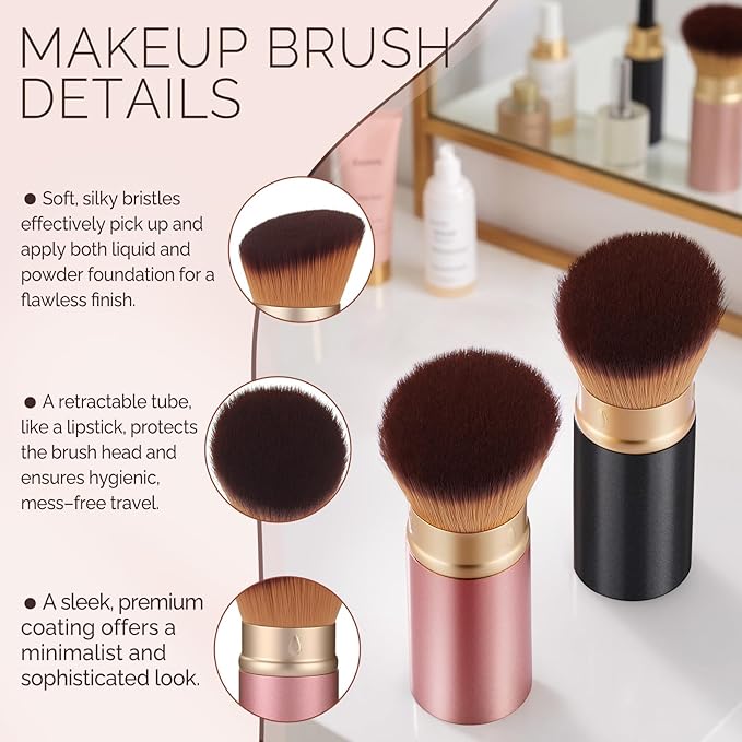 Retractable Kabuki Makeup Brush - Portable Travel Face Brush with Cover, Soft Synthetic Bristles for Blush, Bronzer, Powder, Foundation & Sunscreen, Flawless Application On-the-Go (Rose gold)