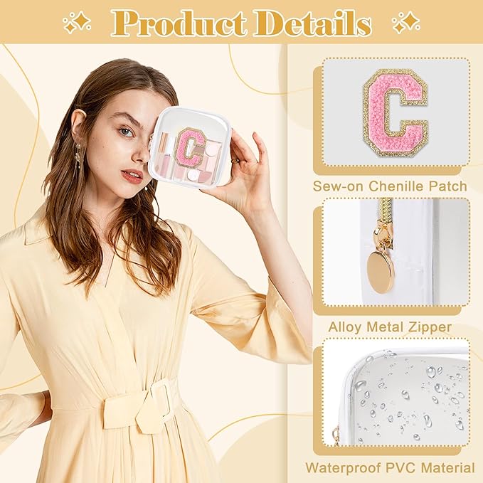Personalized Initial Letter Clear Preppy Makeup Bag,Mini Nylon Chenille Letter Cosmetic Bag Cute Zipper Pouch Purse for Teen Girls,Portable TSA Approved Beach Travel Essentials Bag Gift for Women,C