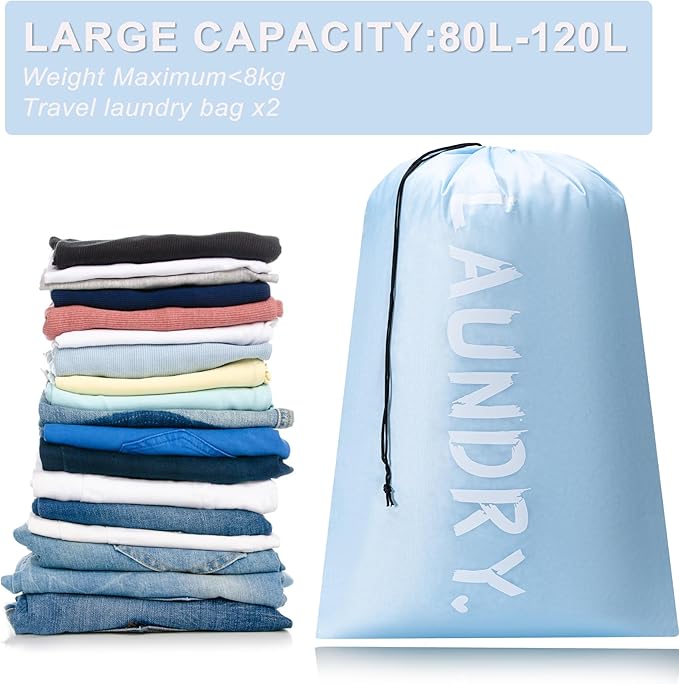 2 Pack 28" x 40" Travel Laundry Bag, Machine Washable Dirty Clothes Organizer with Drawstring, Large Enough to Hold 4 Loads of Laundry, Easy Fit a Laundry Hamper or Basket Travel Essentials