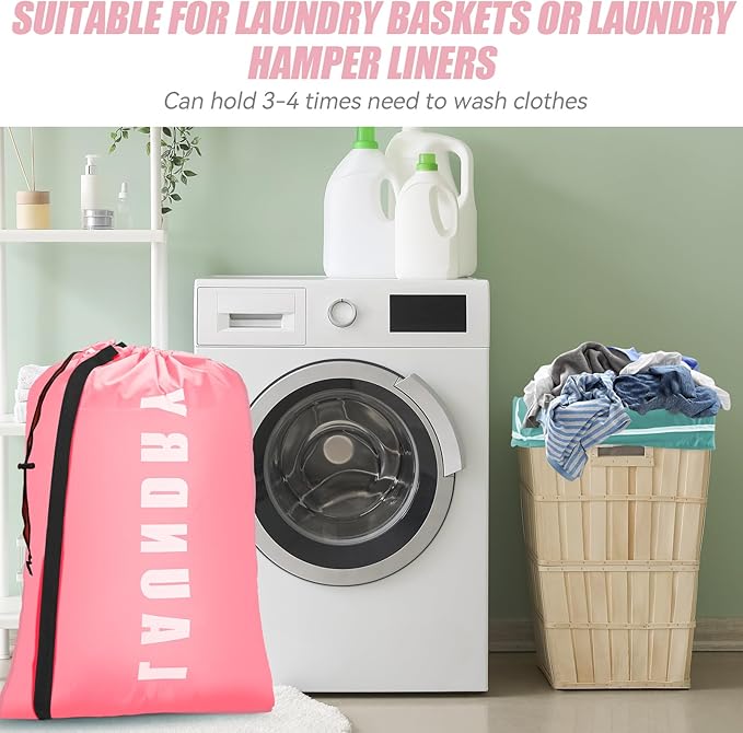 Isink Heavy Duty Laundry Bag with Strap, 2 Pack Travel Laundry Bags for Dirty Clothes, 24" x 36" Large Laundry Bag for Traveling, Camping, Dorm (Cyan + Pink)