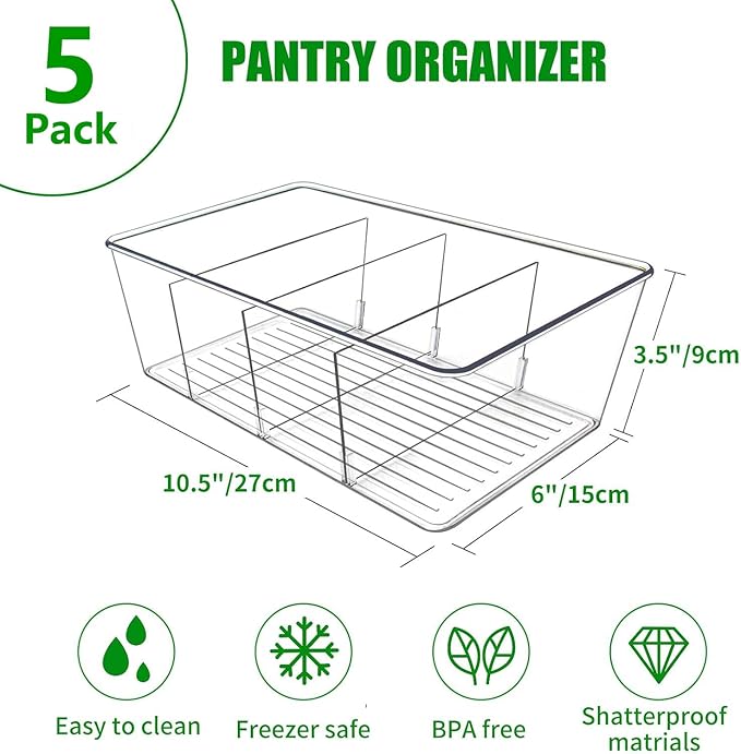5 Pack Pantry Organizers and Storage,Clear Plastic Bins for Kitchen,Fridge,Drawer Organization and Storage,4 compartment Snack Containers for Spice Packets,Tea bag