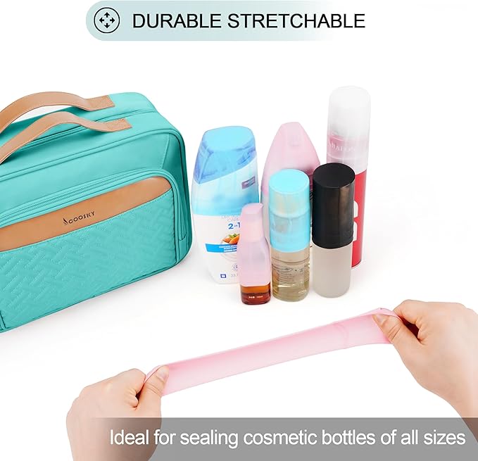 Travel Hanging Toiletry Bag for Women and Men, with 8 Leak Proof Silicone Bottle Covers, Waterproof Makeup Accessories, Cosmetic Essentials, Toiletries Dopp Kit Set with Jewelry Organizer, Blue