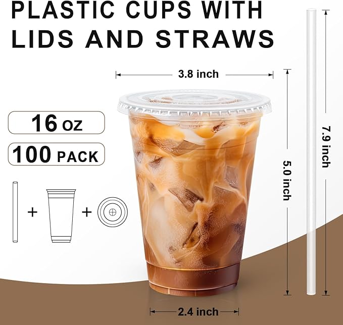 Lamosi 100 Pack 16 OZ Clear Plastic Cups with Lids and Straws, Disposable Iced Coffee Cups with Lids for To-Go Cold Drinks, Smoothies and Slushie