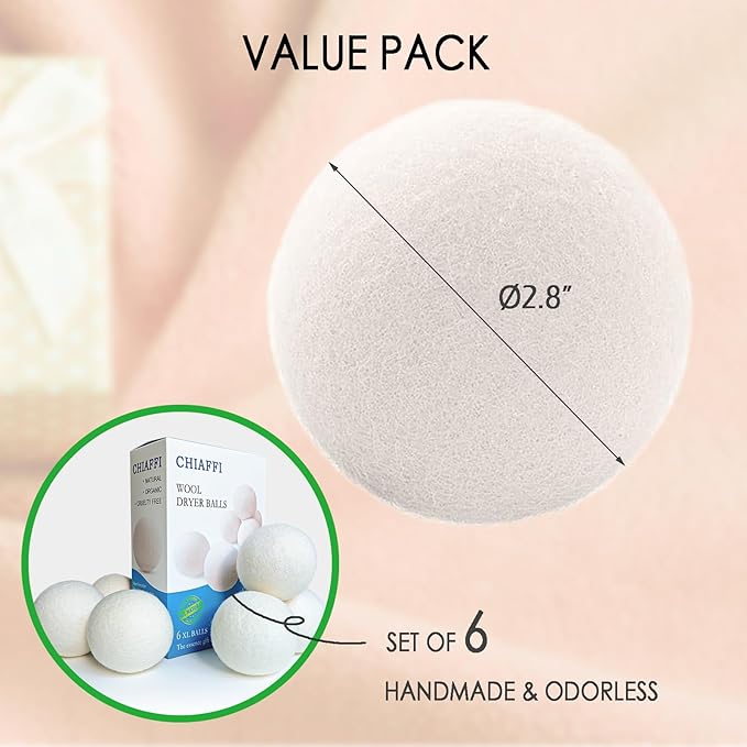Wool Dryer Balls, 6 Pcs XL Dryer Lint Balls, Reusable Premium Natural Fabric Softener, Efficiently Add Essential Oils Instead of Dryer Sheets, Laundry Room Organization Essentials