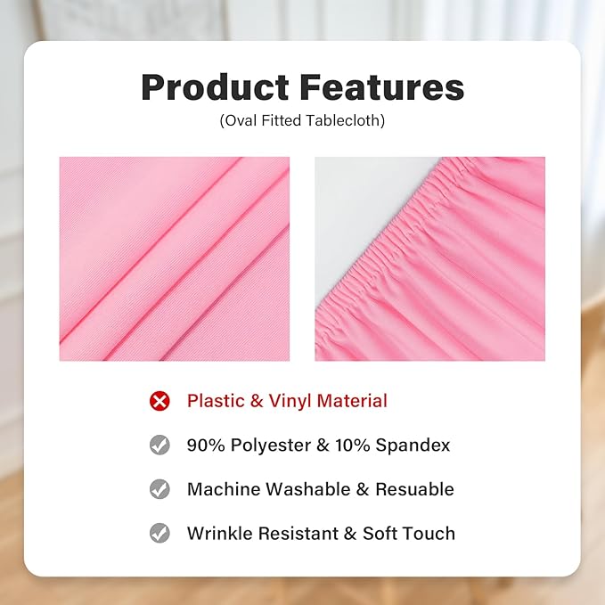 Fitted Oval Tablecloth 48 x 68 Inch Elastic Table Cloth, Stretch Spandex Table Cover Pink Washable Polyester Top Cap Cover for Dining Picnic Camping Indoor and Outdoor