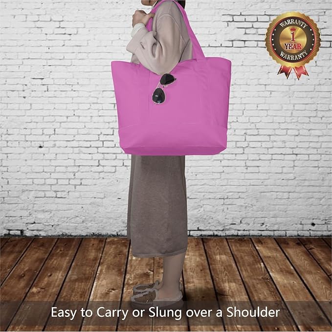 TOPDesign 3-Pack Canvas Tote Bags with an External Pocket, Reusable Grocery Shopping Bags, Top Zipper Closure, Daily Essentials (Light Purple)
