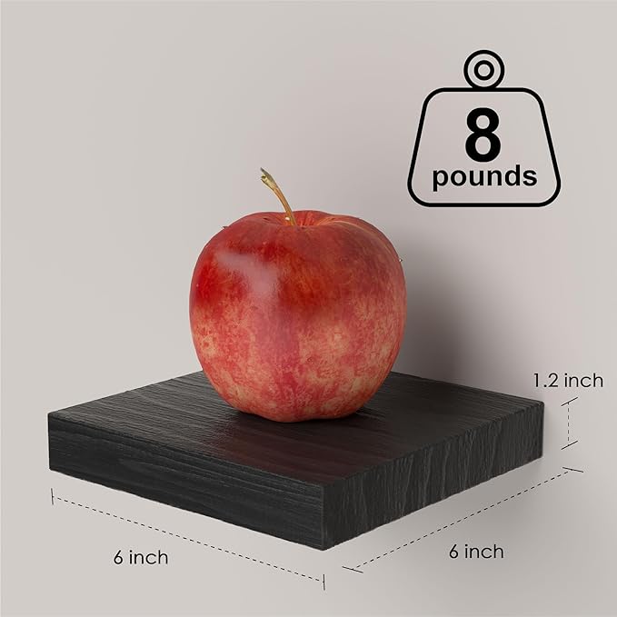 Small Floating Shelves for Wall - 6 Inch Mini Square Black Shelves for Bedroom, Living Room, Bathroom, Kitchen, Office Decor Set of 3