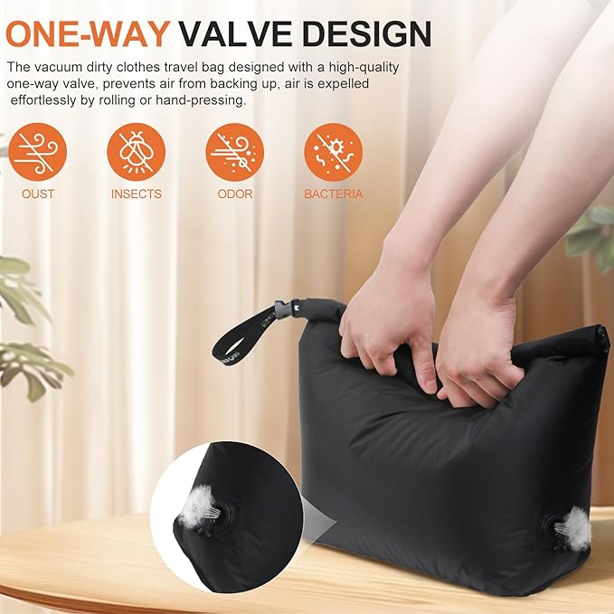 Travel Laundry Bag, Vacuum Compression Dirty Clothes Travel Bag Waterproof Wet Dry Bags Large Capacity Space Saver Bags Reusable Camp Clothes Organizer for Sports Dorm Laundromat (1 Pcs) (Black, M)