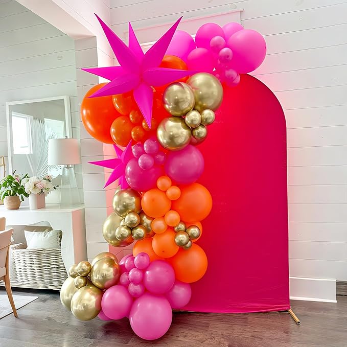 Pink Orange Balloon Garland Arch Kit, 120Pcs 18/12/10/5 Inch Hot Pink Orange Metallic Gold Latex Balloons with Star Foil for Birthday Summer Tropical Wedding Party Decorations