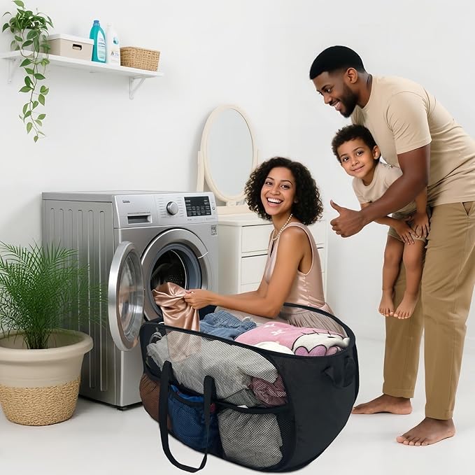 100L Extra Large Mesh Pop Up Hamper with Handles and bag, Upgraded Cationic XL Collapsible Laundry Baskets, Portable Stair Basket, Dirty Clothes Hamper for Cruise Travel Bedroom. Black