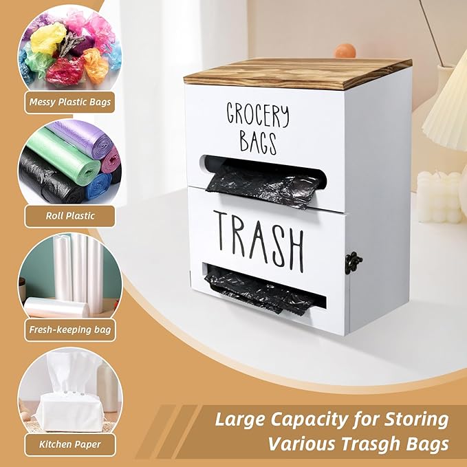 2-in-1 Trash Bag Dispenser, Double Wall Mounted, Wood Trash Bag Holder, for kitchen, garage, laundry room, can store eco-friendly food bags and garbage bags (White)
