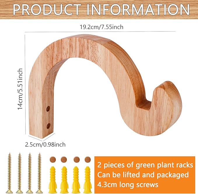 DSJIFGEW 7-Inch Hanging Plant Brackets, Arc-Shaped Wooden Plant Hanger Indoor, Wall Mount Hooks for Outdoor Hanging Bird Feeders, Flower Baskets Pots, Wind Chimes, Lanterns