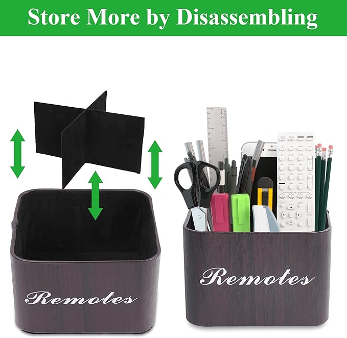 Hennaja Square Leather Art Supply Organizer,Remote Control Holder with Removable Dividers,360°Rotatable Pencil Holders,4 Compartments Organizer for Office Supplies Storage Box(1-Dark Brown)