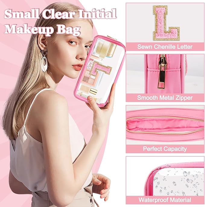 Small Clear Personalized Initial Makeup Bag,Nylon Preppy A-Z Chenille Letter Patch Cosmetic Pouch Beach Toiletry Bag,Waterproof Zipper Travel Purse Storage Bag Organizer for Women Girls(Pink-Pink L)