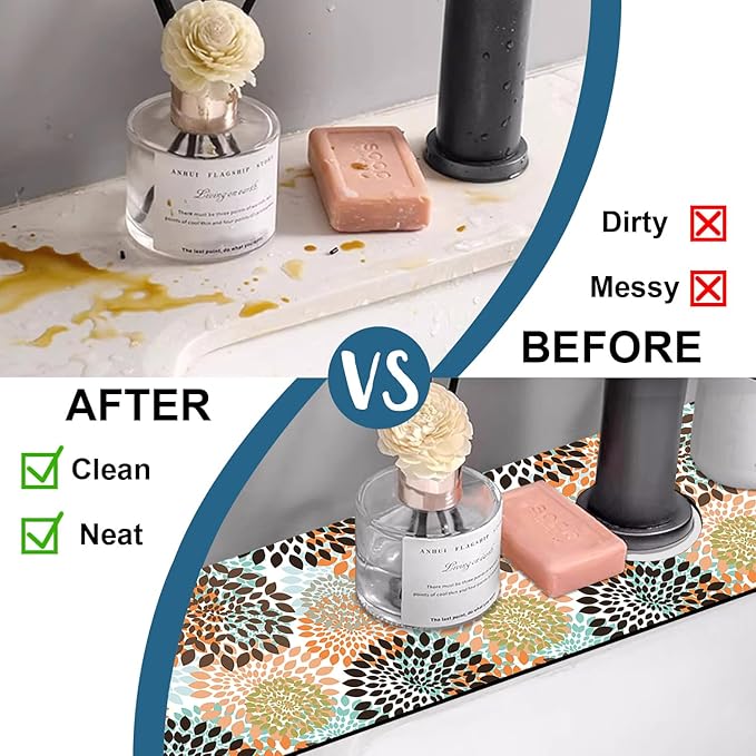 Vintage Flowers Sink Splash Guard Abstract Floral Faucet Absorbing Mat Fast Drying Mat Sink Gadgets Splash Guard Behind Faucet Drip Catcher for Kitchen Bathroom, 23.5"x5.5"