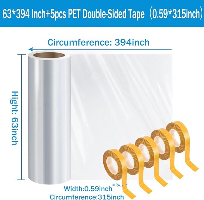 Window Insulation Kit, 63 × 394 Inch Plastic Window Covering for Winter, Window Insulation Film Window Wrap Insulation Windows Winterizing Kit with Double-Sided Tape for 10 Pcs 3 x 5 Ft Windows
