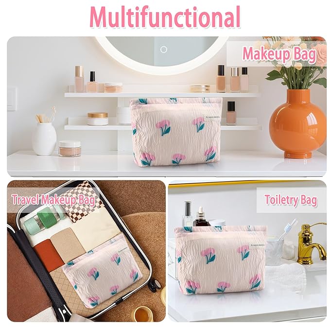 ZLFSRQ Cherry Makeup Bag for Women Cute Pink Cosmetic Bag Zipper Makeup Pouch for Purse Large Capacity Travel Toiletry Bags Aesthetic Essential Portable Cosmetic Organizer Gift Skincare Storage Bags