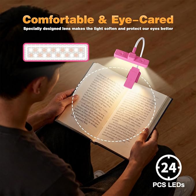 VAVOFO Rechargeable Book Light Rotatable：24 LEDs Reading Light, 3-Color & 9-Brightness Book Lamp, Eye Cared 120Hrs Runtime Lightweight Clip on Led Light for Book Lovers (Rose)