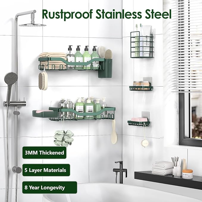 Shower Caddy Adhesive Shower Organizer 7-Pack, Rustproof Stainless Steel Bathroom Shelves, Large Capacity No-Drill Rack Storage Accessories with Soap Dish Toothbrush Holder Hooks