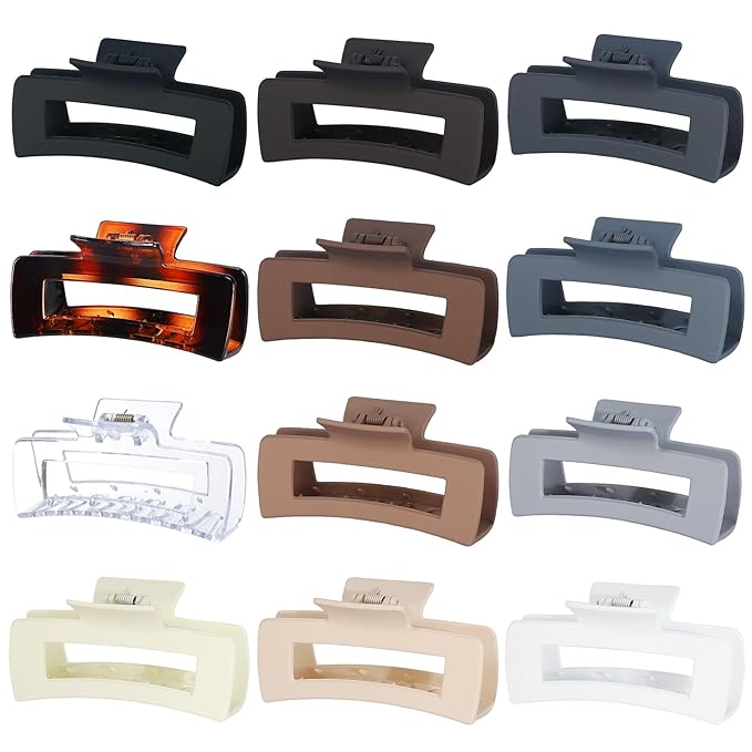 Large Square Jumbo Hair Clips - 4.1 Inch Big Jaw Clips for Thick Hair, 12 Pcs Bulk Accessories for Women and Girls - Neutral