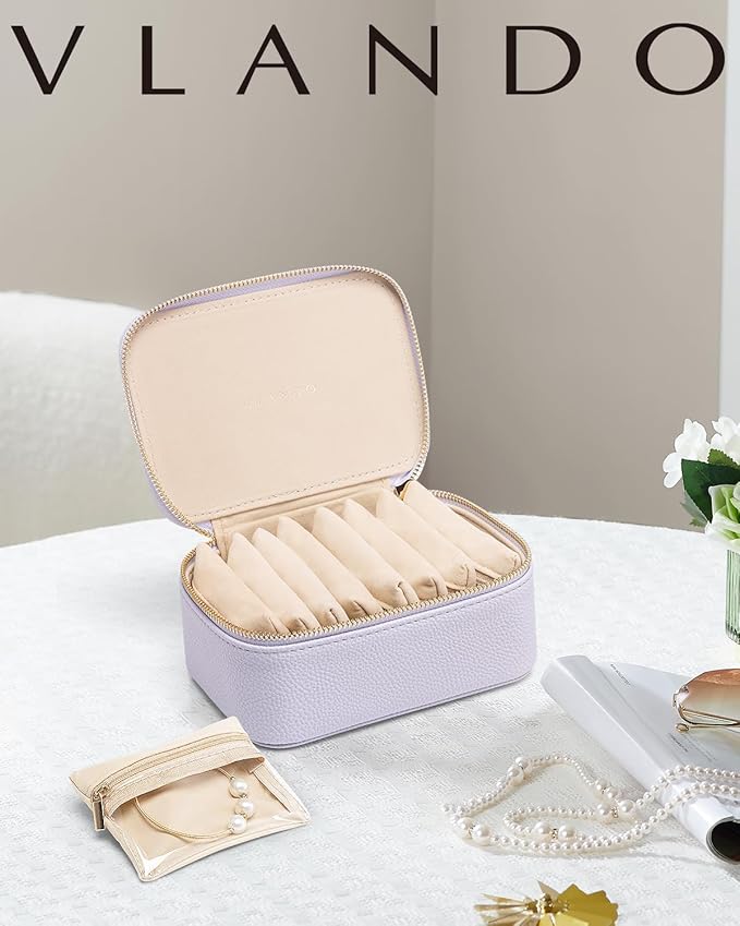 Vlando Travel Jewelry Case with 8 Velvet Jewelry Bags Travel Jewelry Storage Box Jewelry Organizer for Necklace Rings Earrings Teen Girls Gifts Trendy Stuff -Purple