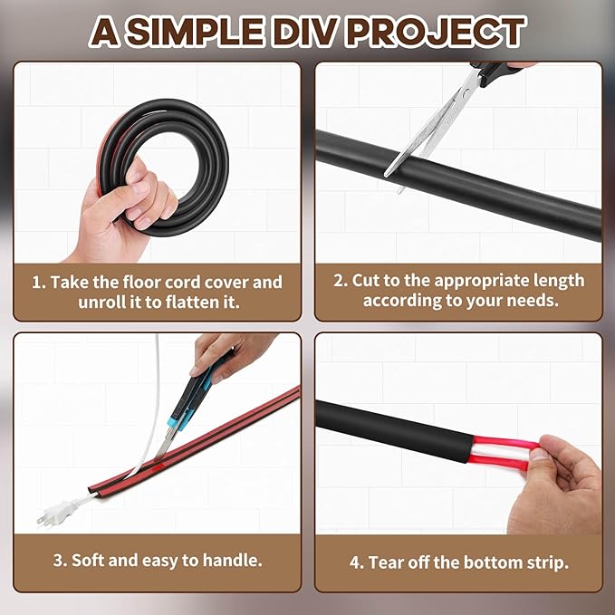 Floor Cord Cover, Floor Cable Cover, Cord Hider Floor, Soft PVC Self Adhesive, Extension Cord Covers for Floor, Prevent Cable Trips, for Offices, Gyms, Exhibitions (Black, 1.97" x 6 feet)