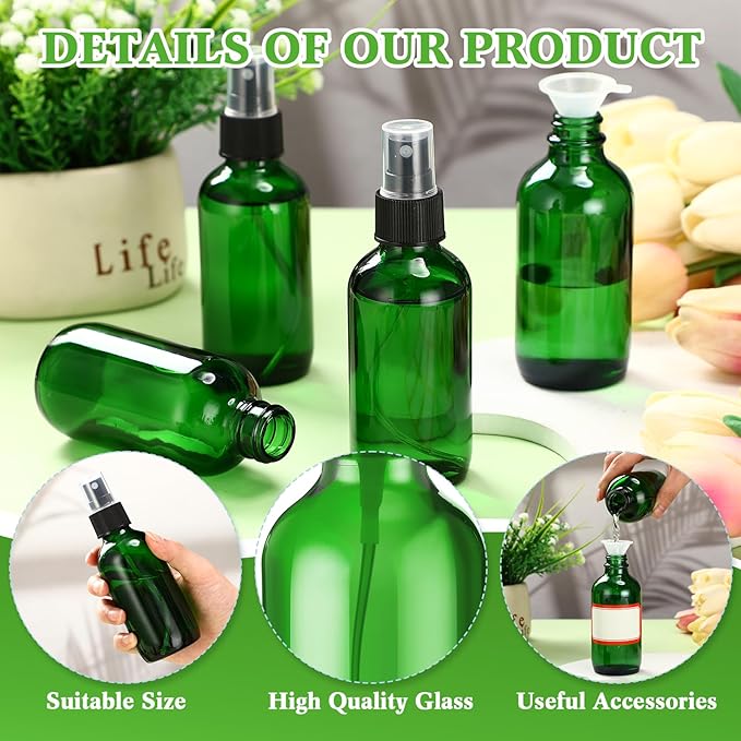 Fumete 2 Pack Glass Bottles 4oz Empty Refillable Liquid Containers with 1 Label 1 Funnel for Essential Oils Hair Travel Plants Cleaning Skin Care(Green, Black Top,Mist Bottle)