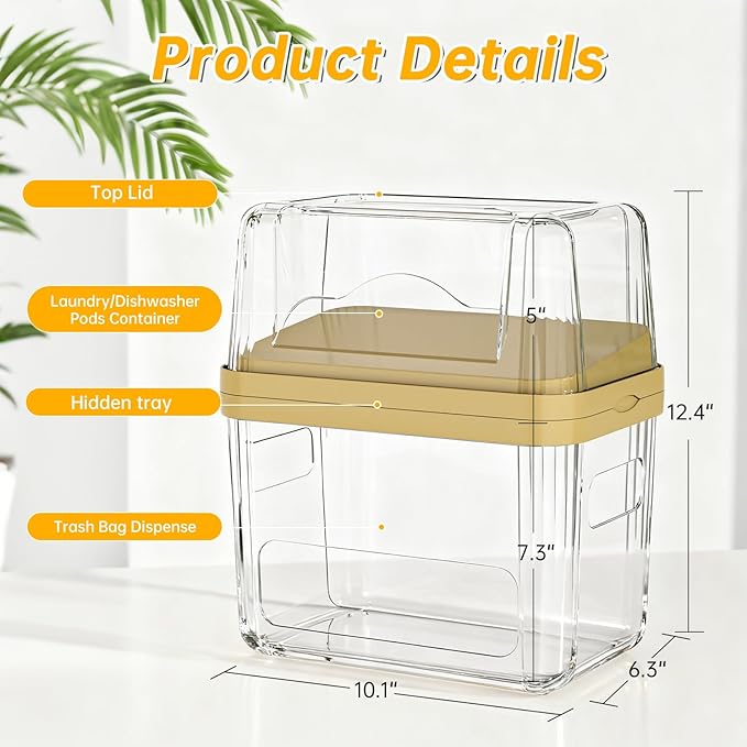 2-in-1 Trash Bag Dispenser & Laundry/Dishwasher Pods Container, Clear Acrylic Garbage Bag Organizer with Removable Lids, Under Sink Kitchen Storage Box