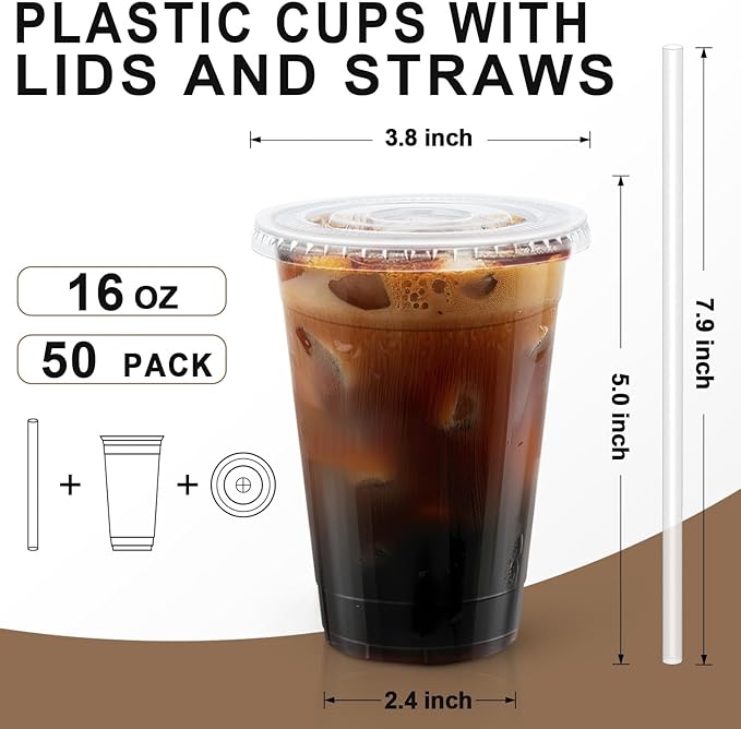 Lamosi 16 OZ Clear Plastic Cups with Lids and Straws 50 Pack, Disposable Iced Coffee Cups with Lids for To-Go Cold Drinks, Smoothies and Slushie
