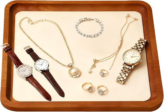 Wooden Jewelry Display Tray Rounded Rectangle Ring Showcase Stackable Elegant Bracelet Watch Jewelry Organizer for Personal Use and Commerce (Old Lace, Large-W 7'' x H 0.6'' x L 7.9'')