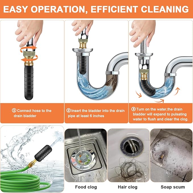 3PCS Drain Bladder Kit,Drain Cleaning Bladder Fits 1 to 6 Inch Drain Pipe,Drain Bladder Unclogger for Bathroom Sink,Swimming Pool Drain,Basement,Bathtub,Shower-Including Gloves and Storage Bag