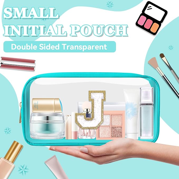 Small Clear Personalized Initial Makeup Bag,Nylon Preppy A-Z Chenille Letter Patch Cosmetic Pouch Beach Toiletry Bag,Waterproof Zipper Travel Purse Storage Bag Organizer for Women Girls(Cyan-White J)