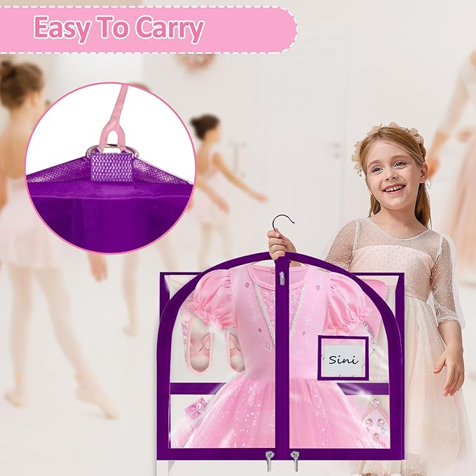 Garment Bags for Dance Costumes - 40 Inch Clear PVC with 5 Zipper Pockets (3 Pack) - Kids Dance Garment Bag for Dancers, Hanging Clothes Storage, Competitions & Travel (Clear Purple)