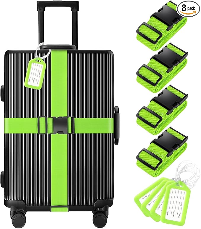 8 Pack Luggage Straps and Tags Set - 4 Straps, 4 Tags, TSA Approved Suitcase Belt, Green