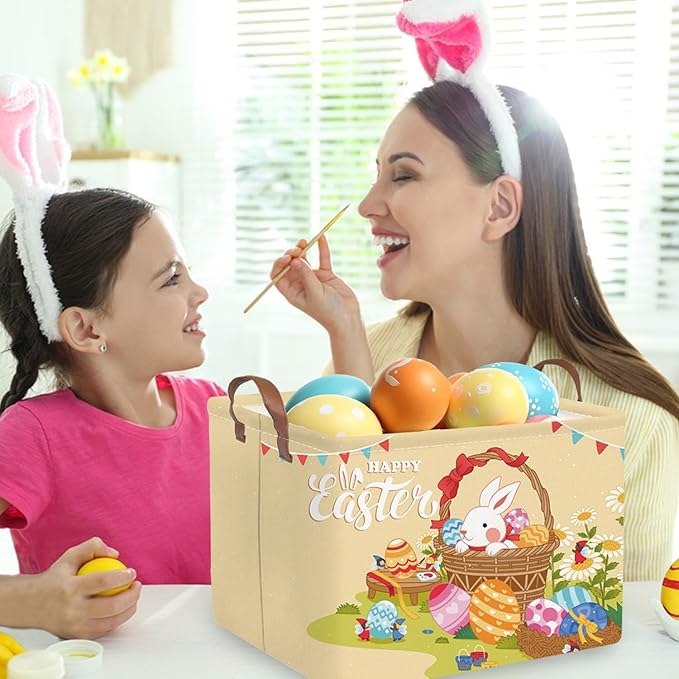 FXOLCSHE Rectangular Easter basket,Easter gift basket,Nursery Hamper,Collapsible waterproof baby toy storage box for Kids,Toy Organizer,Easter Home Decor,Gift Baskets(Flower basket Easter)