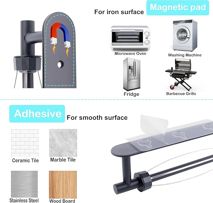 KIHOGEM Magnetic Paper Towel Holder, One Hand Operable Paper Towel Holder Wall Mount Self Adhesive and Strong Magnetic Backing for Kitchen Refrigerator Grill RV(Black)